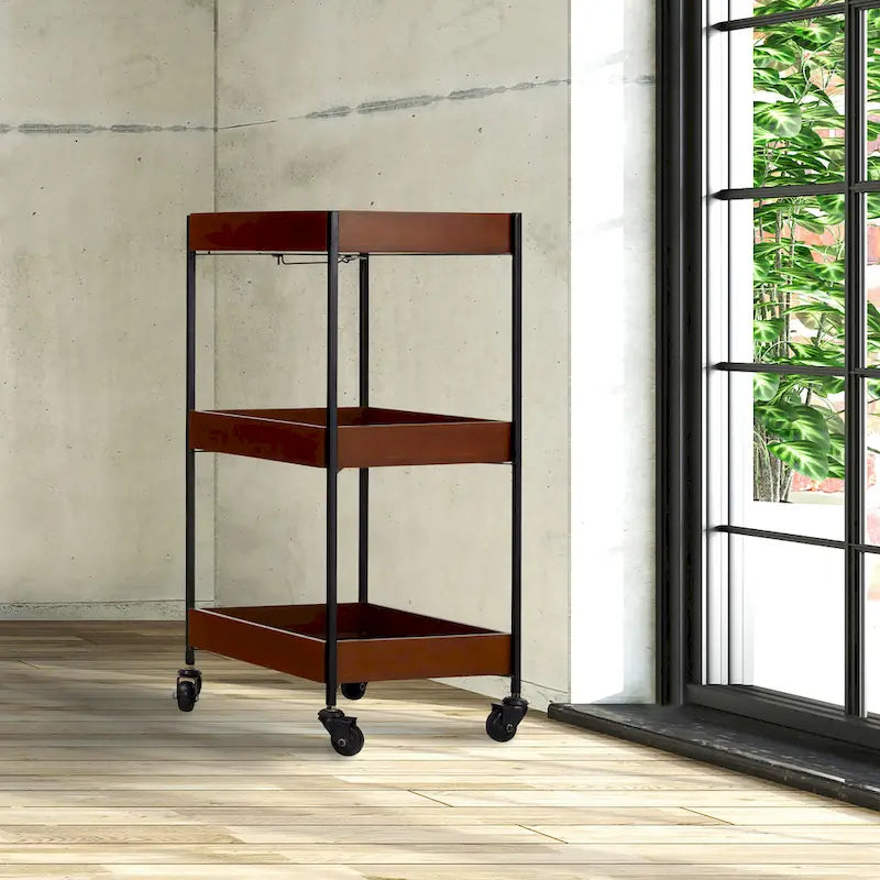 Wooden Slat and Black Metal Storage Cart