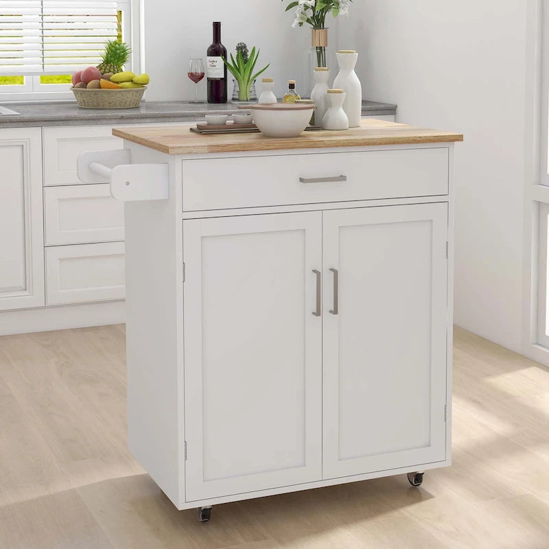 Kitchen Island with Drawer, Double Doors & Rubber Wood Countertop