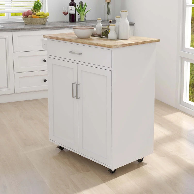 Kitchen Island with Drawer, Double Doors & Rubber Wood Countertop