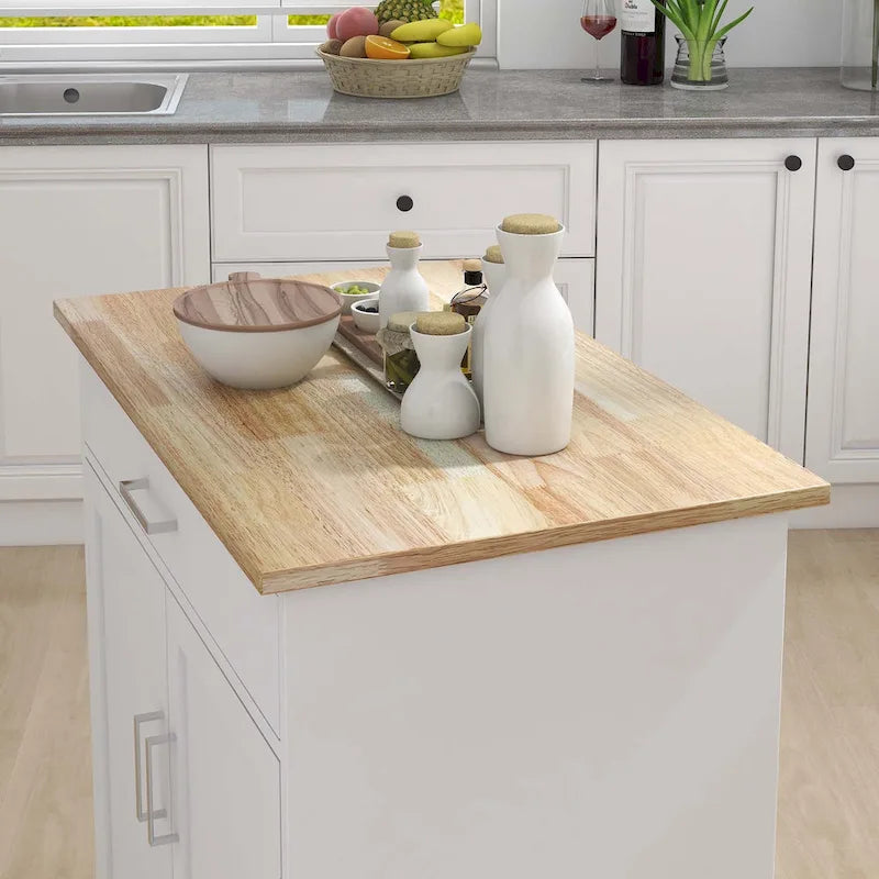 Kitchen Island with Drawer, Double Doors & Rubber Wood Countertop