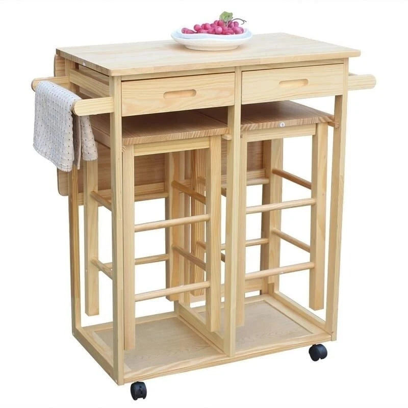 Square Solid Wood Folding Dining Cart with 2 Stools