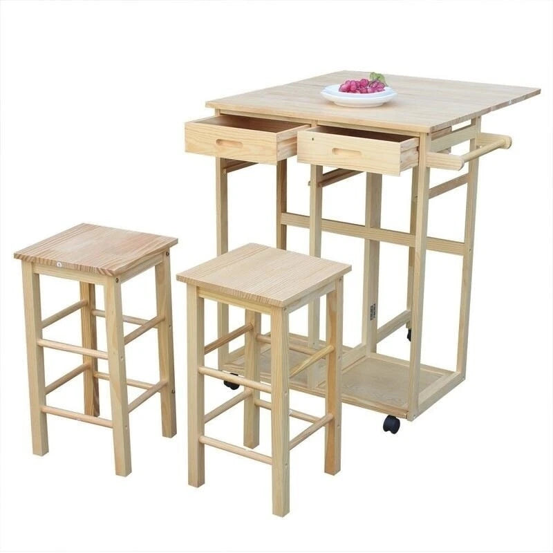 Square Solid Wood Folding Dining Cart with 2 Stools