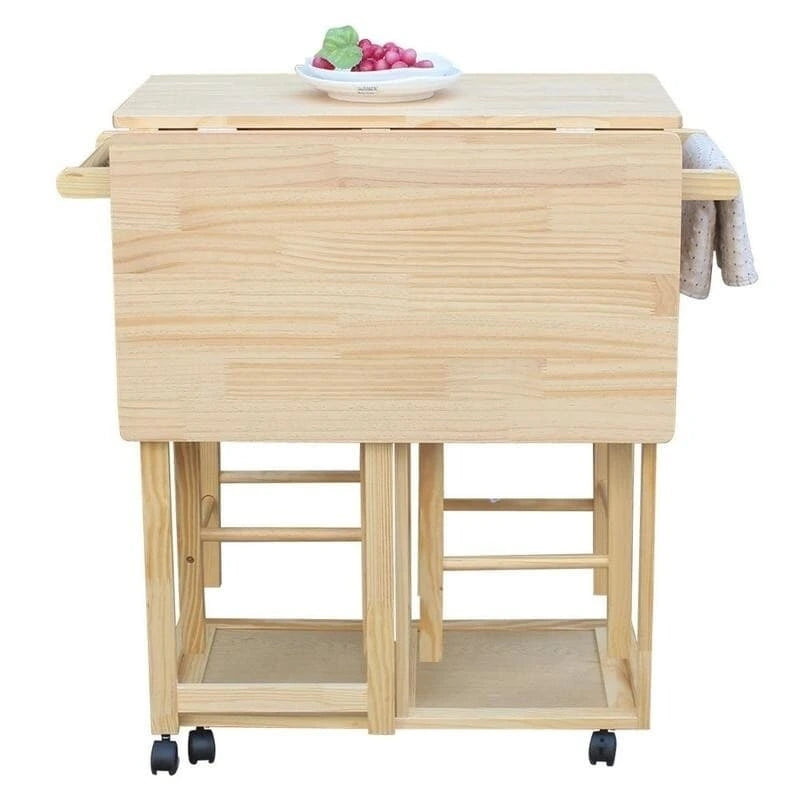 Square Solid Wood Folding Dining Cart with 2 Stools