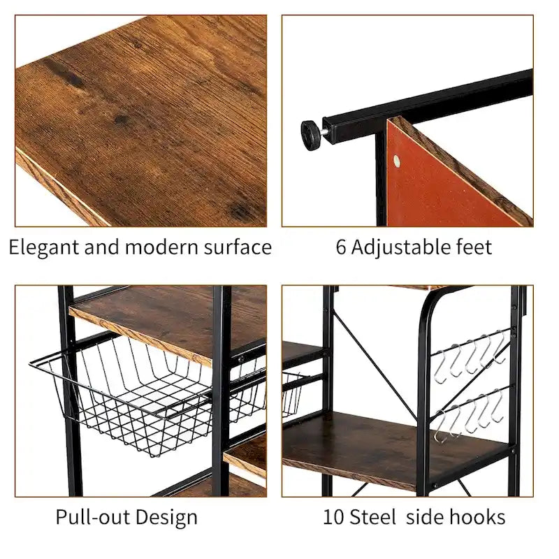 Kitchen Baker's Rack Microwave Stand 4-Tier Spice Rack Organizer with 10 Hooks