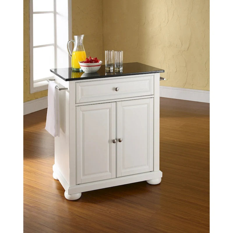Granite Top Portable Kitchen Island in White Finish - 18"D x 31"W x 33.5"H