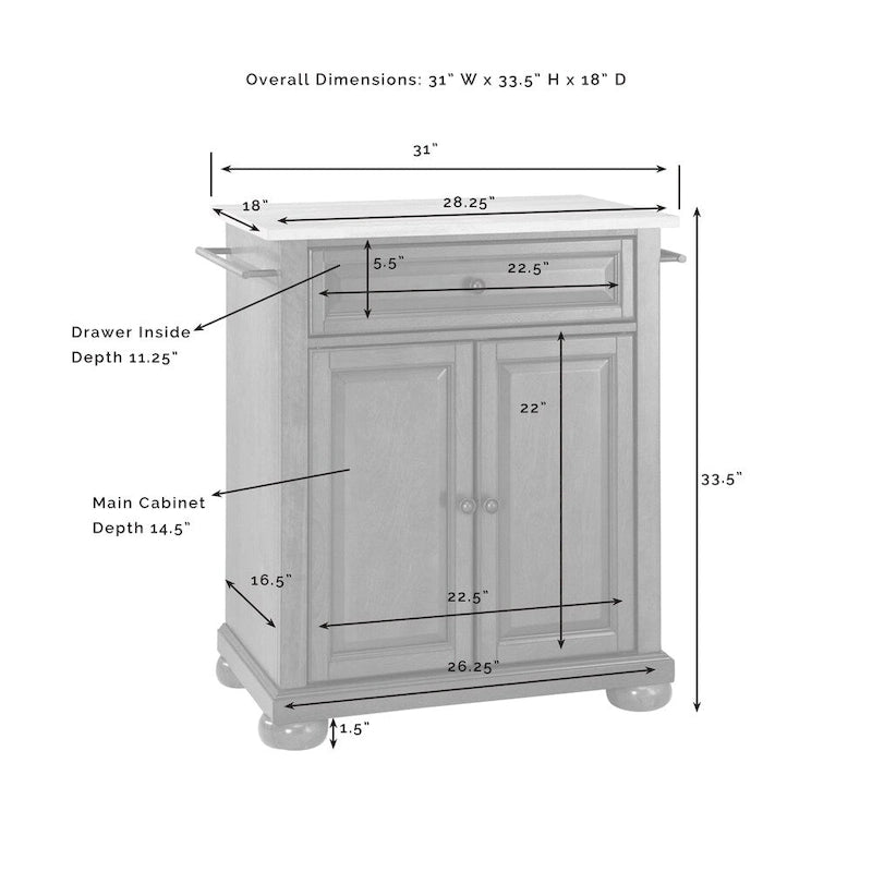 Granite Top Portable Kitchen Island in White Finish - 18"D x 31"W x 33.5"H