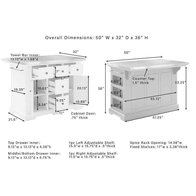Kitchen Island with Upholstered Square Stools - 53d x 50w x 36h