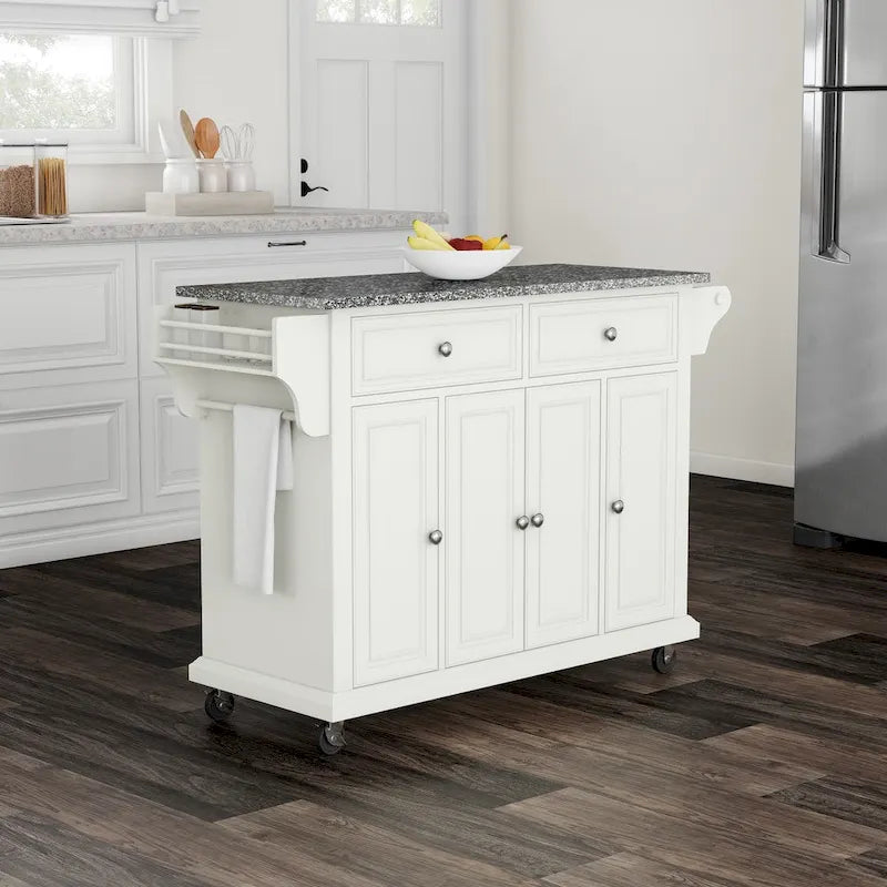 Crosley Full Size White Wood and Granite Top Kitchen Cart - 18d x 51.5w x 36h