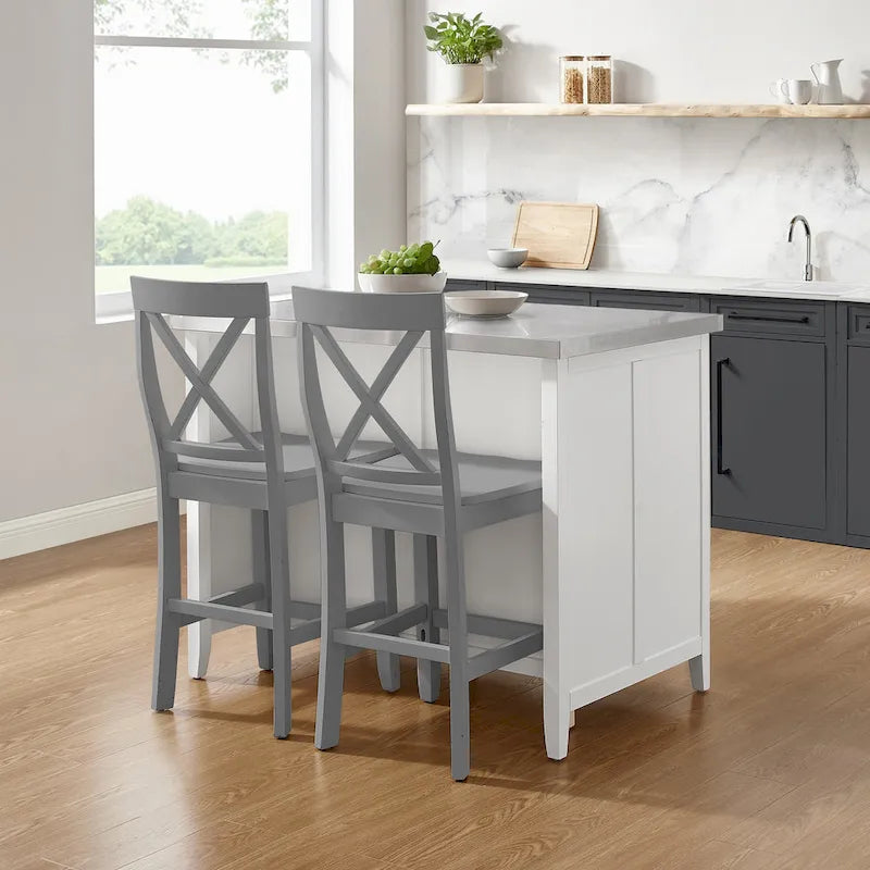Stainless Steel Top Kitchen Island with X-Back Stools