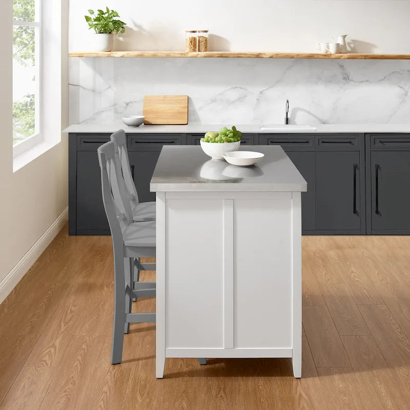 Stainless Steel Top Kitchen Island with X-Back Stools