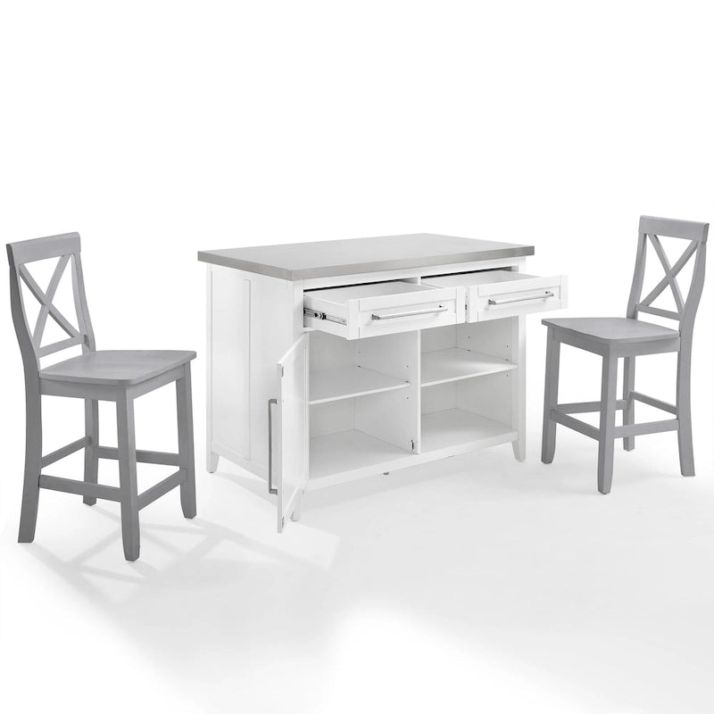 Stainless Steel Top Kitchen Island with X-Back Stools