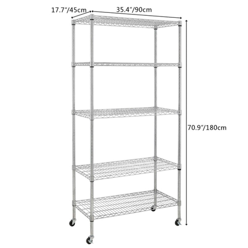 5-Tier NSF-Certified Steel Wire Shelving with Wheels - Black (35.43 x 17.72 x 70.87")