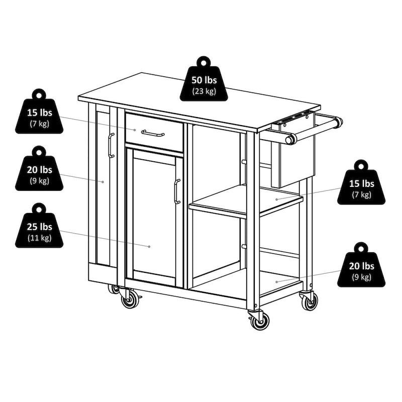 Utility Kitchen Cart, Natural - 42.52 x 18.98 x 35.63 inches
