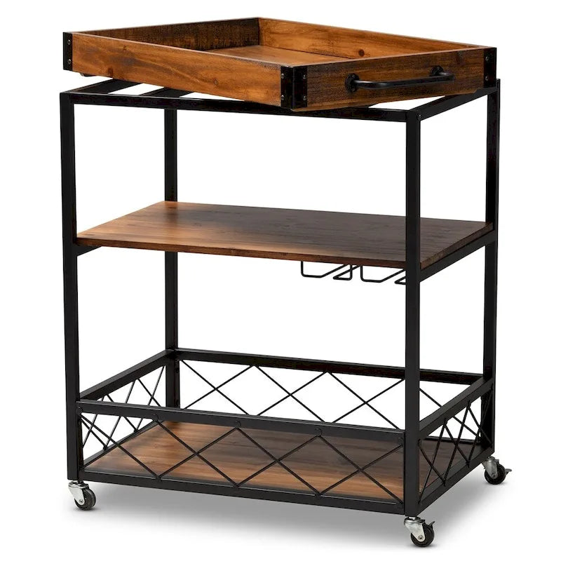 Vintage Rustic Industrial Oak Brown and Black Finished Mobile Metal Bar Cart with Stemware Rack