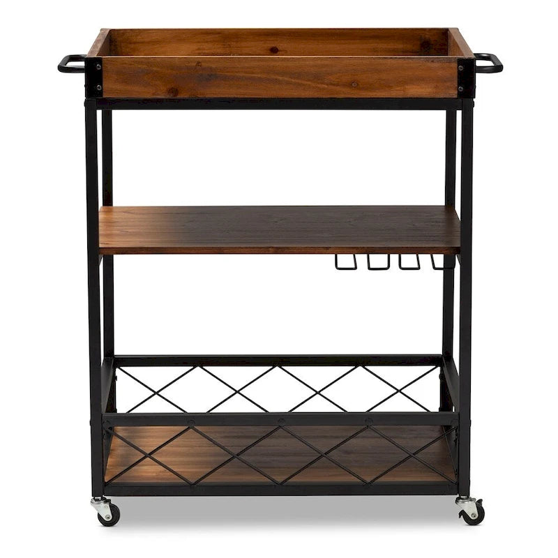 Vintage Rustic Industrial Oak Brown and Black Finished Mobile Metal Bar Cart with Stemware Rack