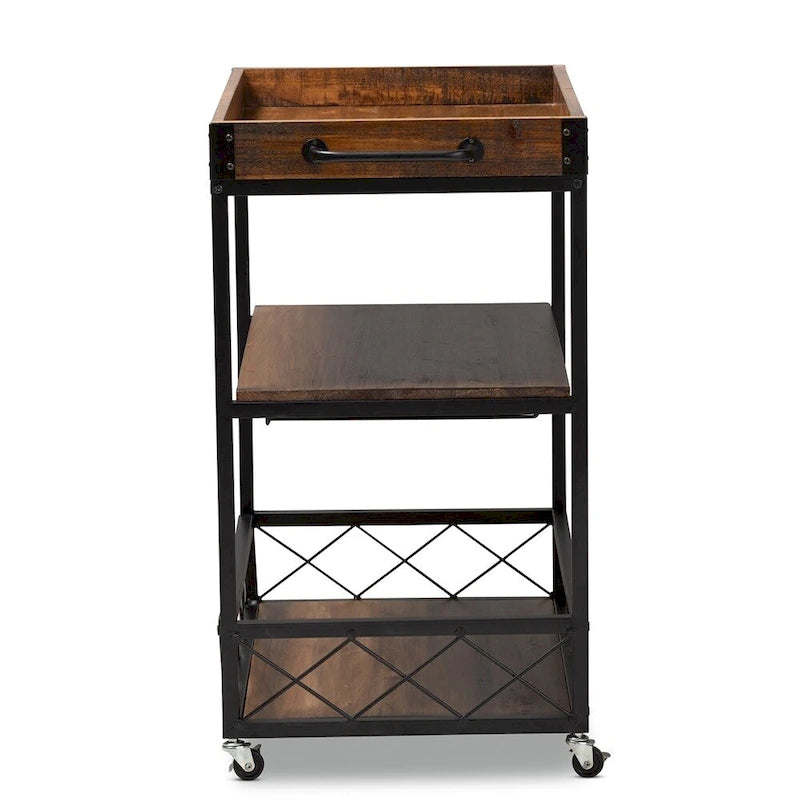 Vintage Rustic Industrial Oak Brown and Black Finished Mobile Metal Bar Cart with Stemware Rack