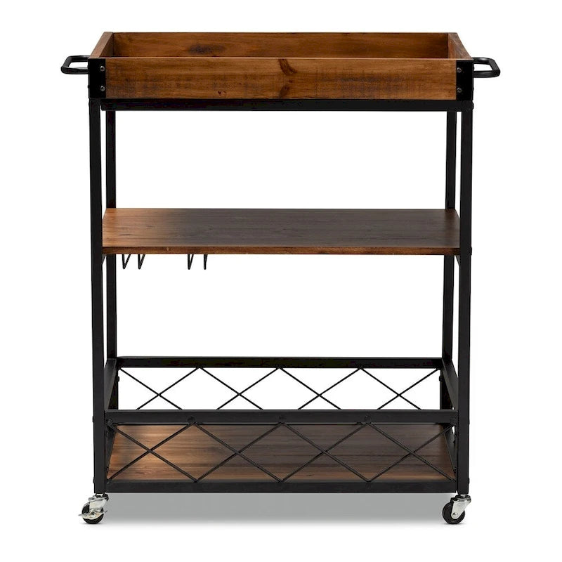 Vintage Rustic Industrial Oak Brown and Black Finished Mobile Metal Bar Cart with Stemware Rack