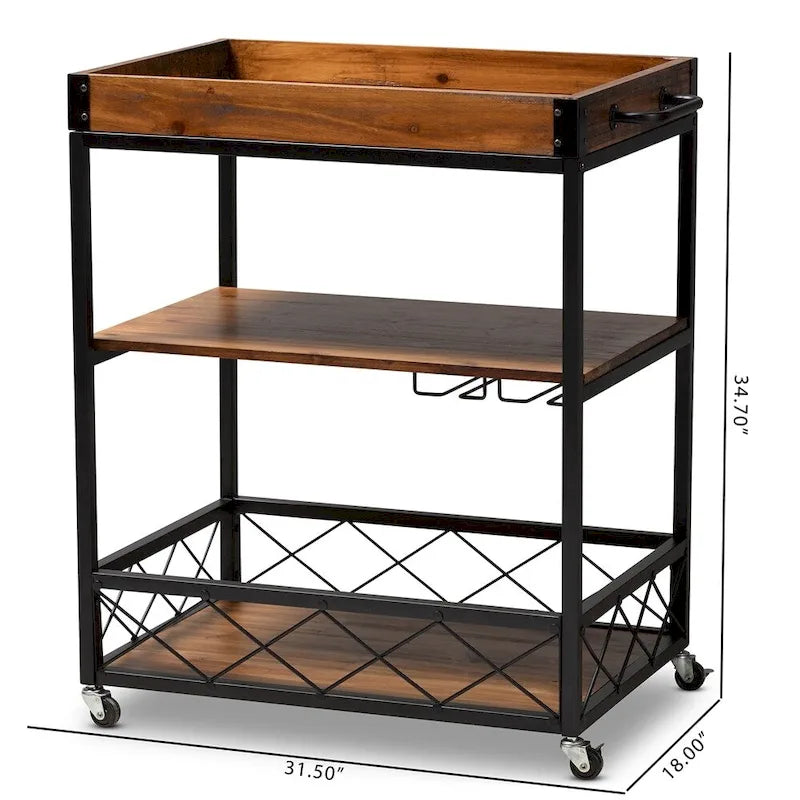 Vintage Rustic Industrial Oak Brown and Black Finished Mobile Metal Bar Cart with Stemware Rack