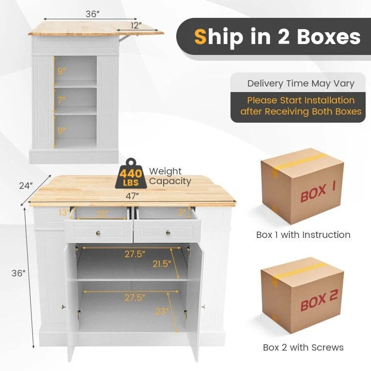 Kitchen Island with Drop Leaf, Storage Drawers & Adjustable Shelves - 47 x 36 x 36"