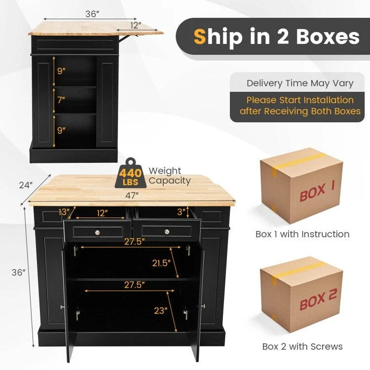 Kitchen Island with Drop Leaf, Storage Drawers & Adjustable Shelves - 47 x 36 x 36"
