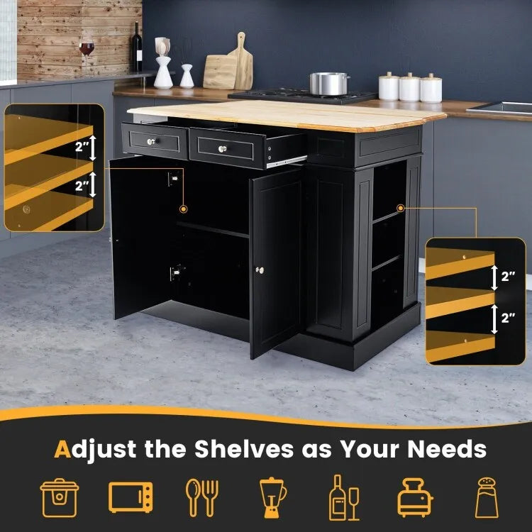 Kitchen Island with Drop Leaf, Storage Drawers & Adjustable Shelves - 47 x 36 x 36"