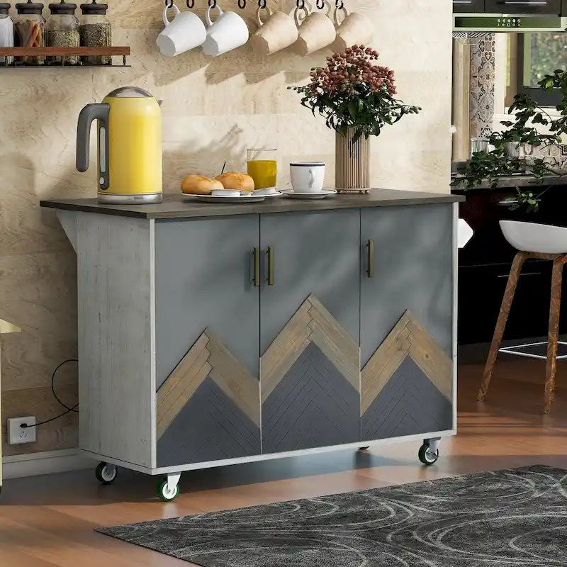 47" Retro Wood Kitchen Island with Drop Leaf on Wheels, Internal Storage
