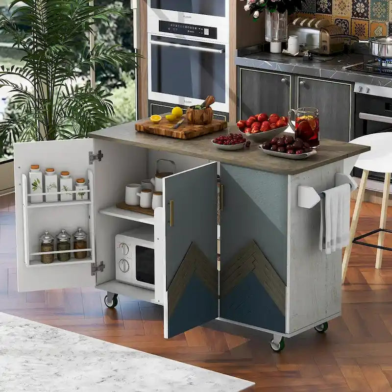 47" Retro Wood Kitchen Island with Drop Leaf on Wheels, Internal Storage