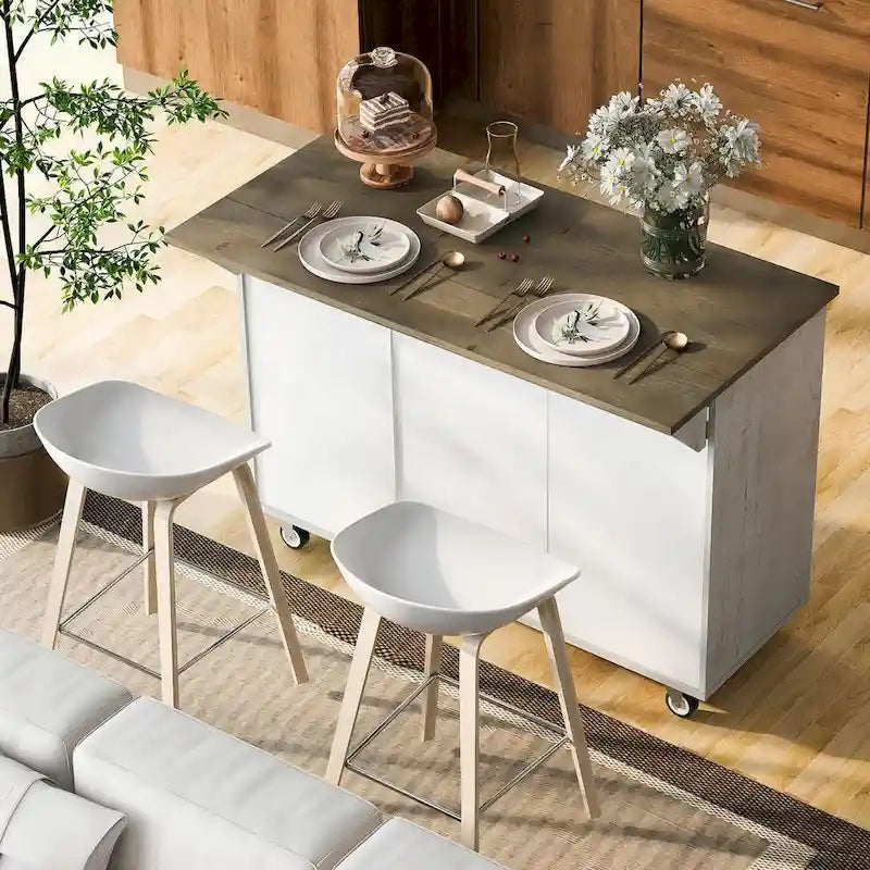 47" Retro Wood Kitchen Island with Drop Leaf on Wheels, Internal Storage