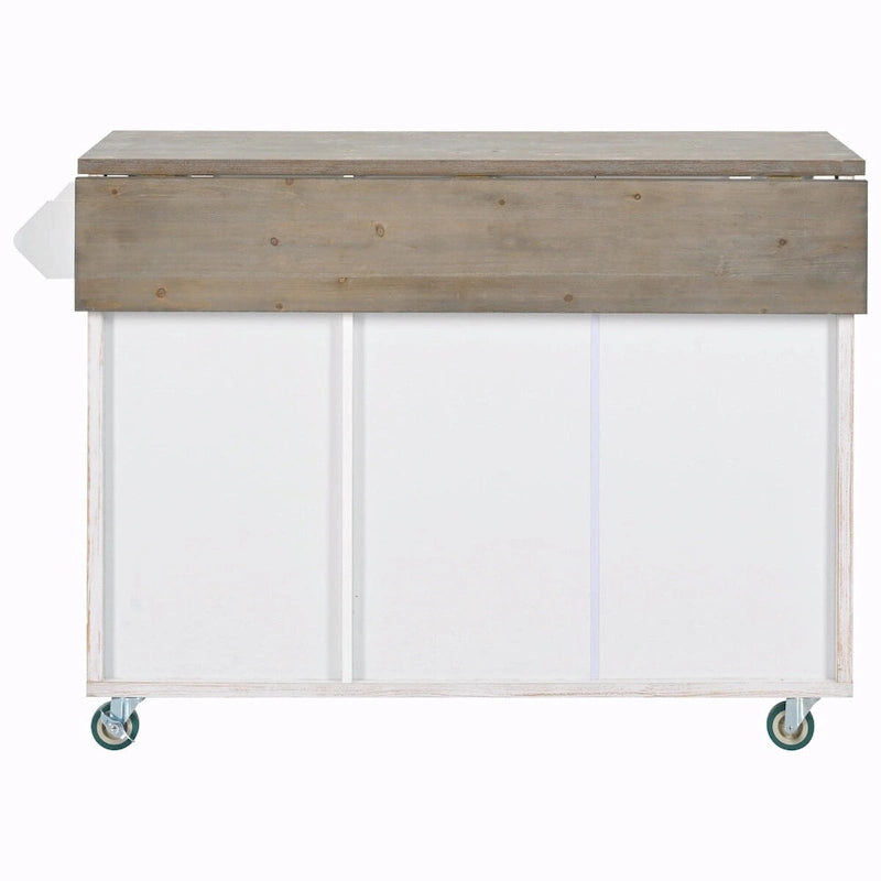 47" Retro Wood Kitchen Island with Drop Leaf on Wheels, Internal Storage