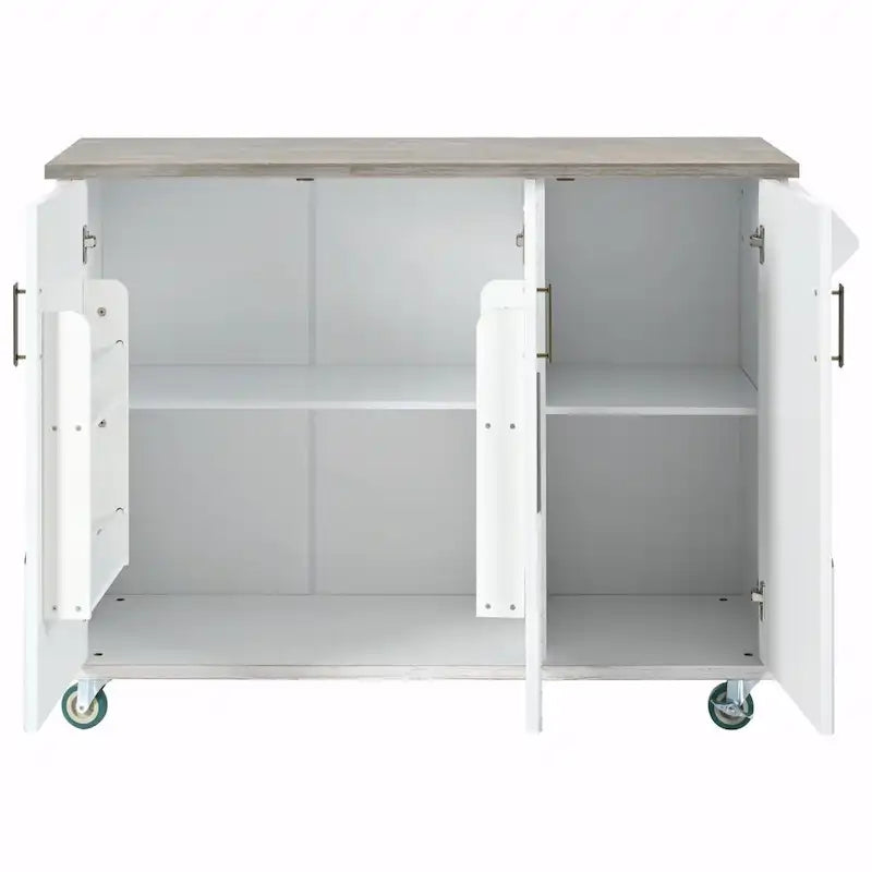 47" Retro Wood Kitchen Island with Drop Leaf on Wheels, Internal Storage
