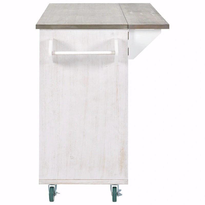 47" Retro Wood Kitchen Island with Drop Leaf on Wheels, Internal Storage
