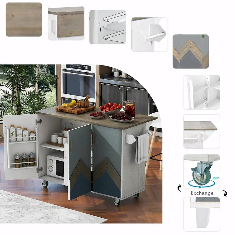 47" Retro Wood Kitchen Island with Drop Leaf on Wheels, Internal Storage