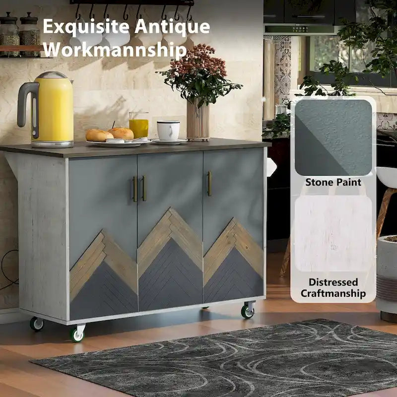 47" Retro Wood Kitchen Island with Drop Leaf on Wheels, Internal Storage