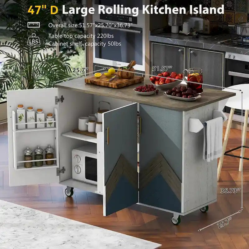 47" Retro Wood Kitchen Island with Drop Leaf on Wheels, Internal Storage