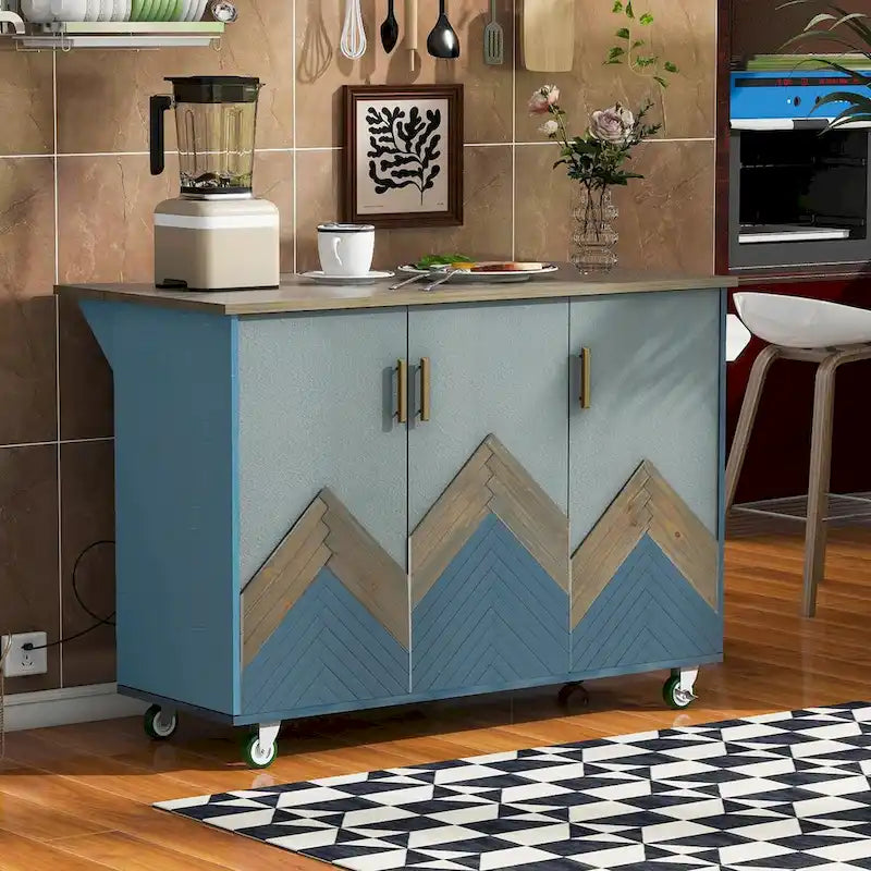47" Retro Wood Kitchen Island with Drop Leaf on Wheels, Internal Storage
