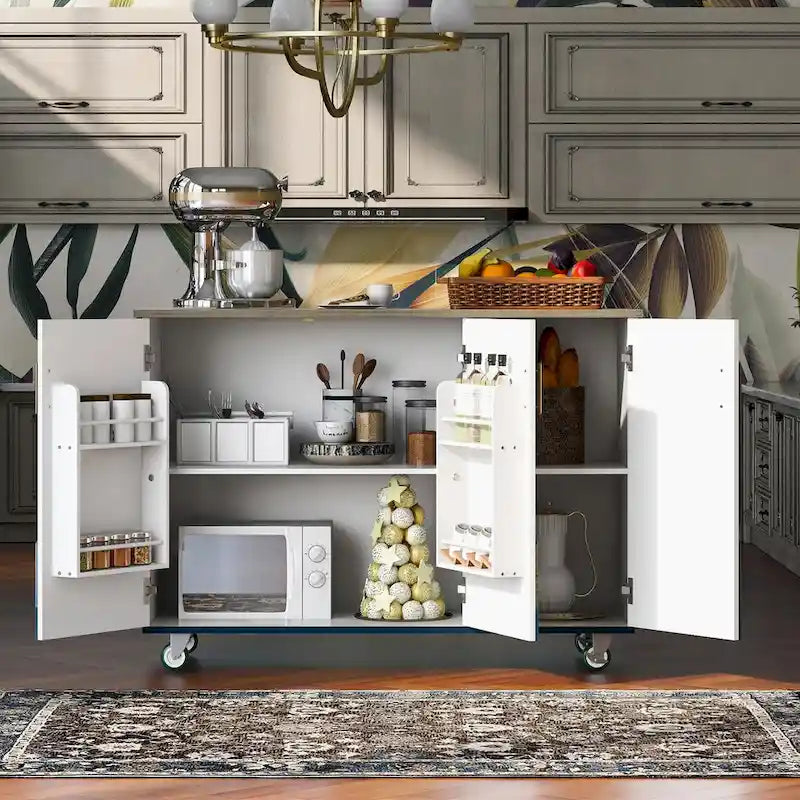 47" Retro Wood Kitchen Island with Drop Leaf on Wheels, Internal Storage
