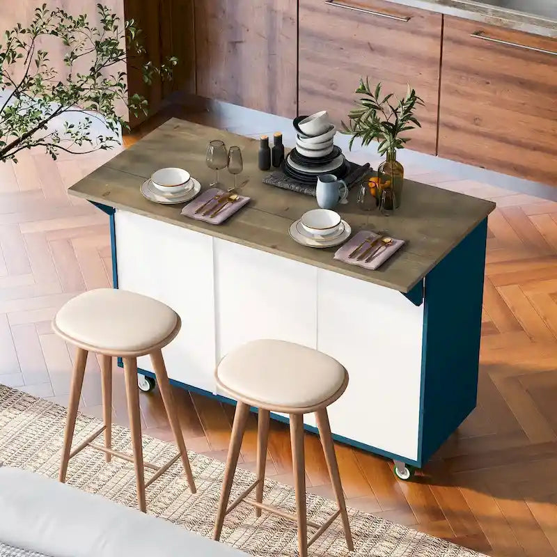 47" Retro Wood Kitchen Island with Drop Leaf on Wheels, Internal Storage