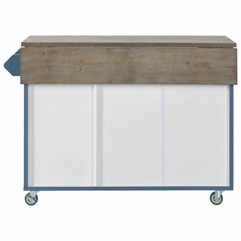 47" Retro Wood Kitchen Island with Drop Leaf on Wheels, Internal Storage