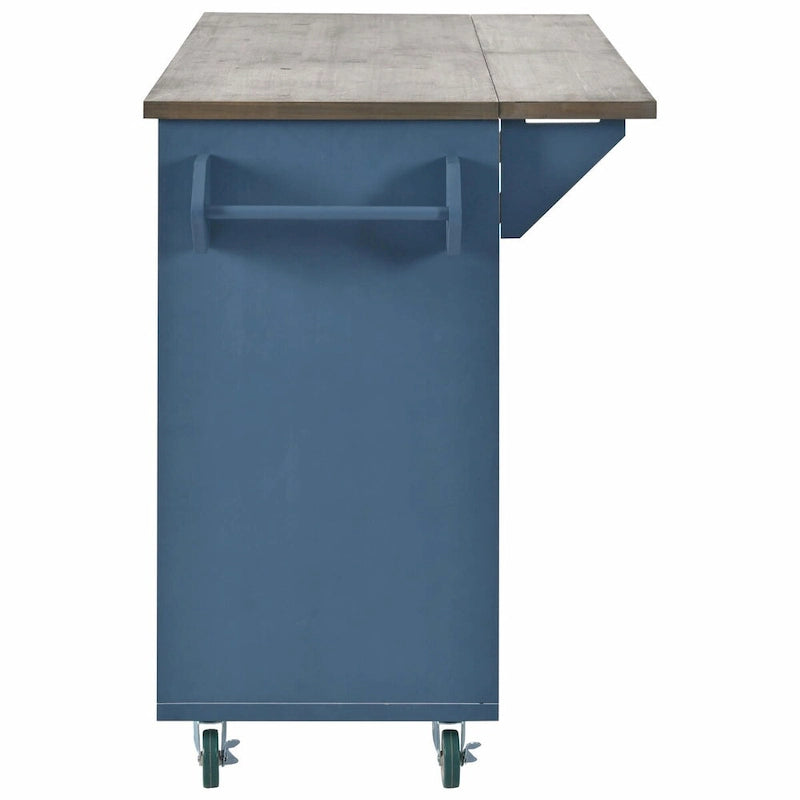 47" Retro Wood Kitchen Island with Drop Leaf on Wheels, Internal Storage