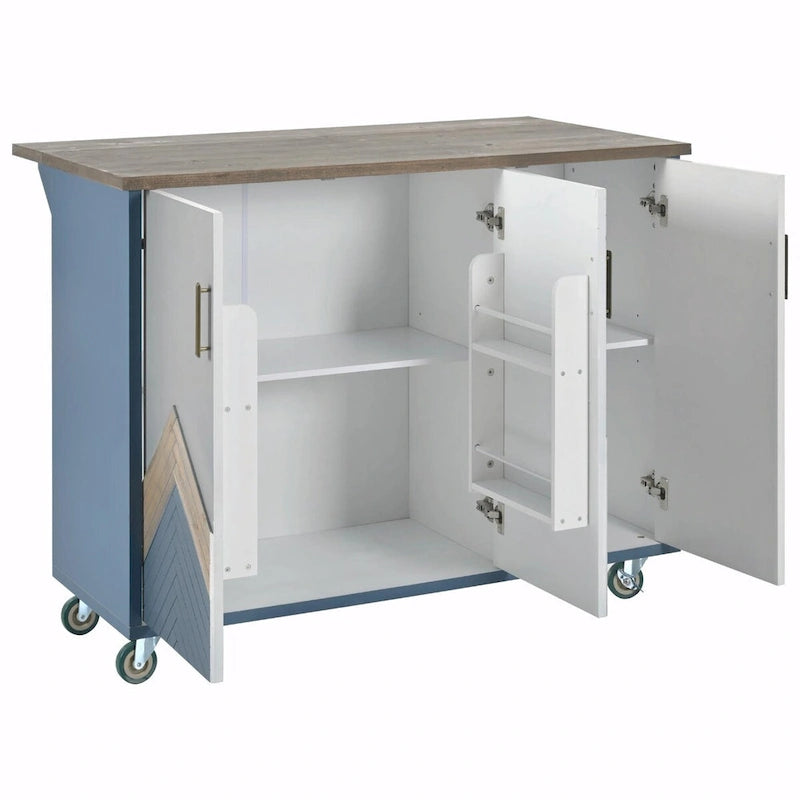 47" Retro Wood Kitchen Island with Drop Leaf on Wheels, Internal Storage