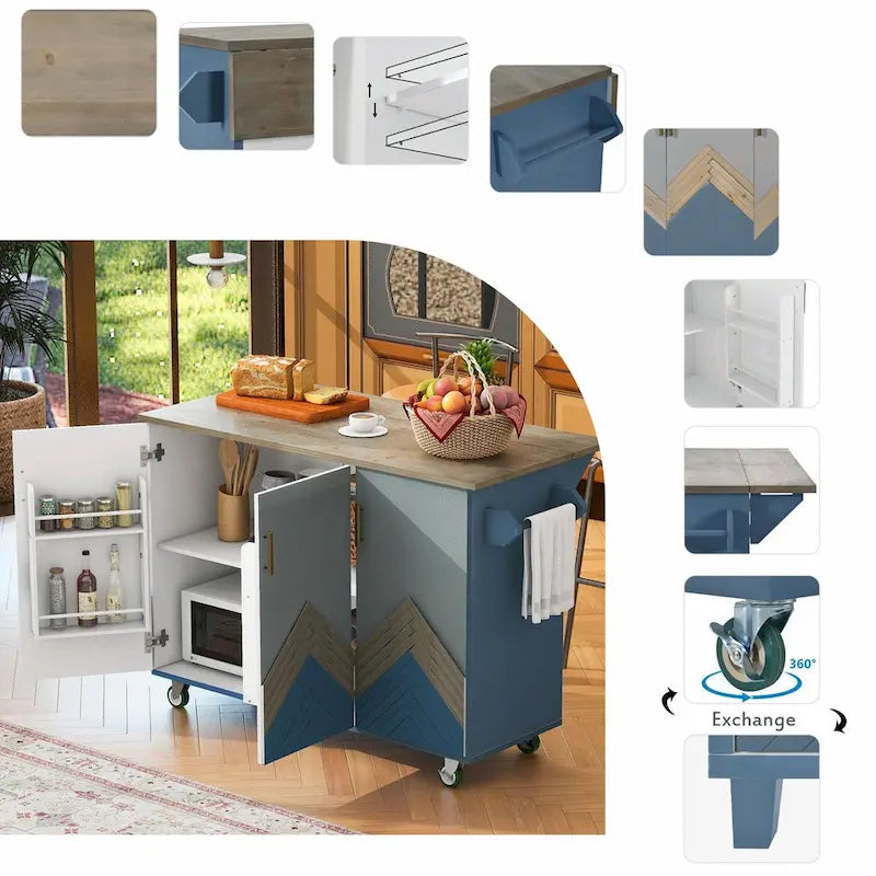 47" Retro Wood Kitchen Island with Drop Leaf on Wheels, Internal Storage