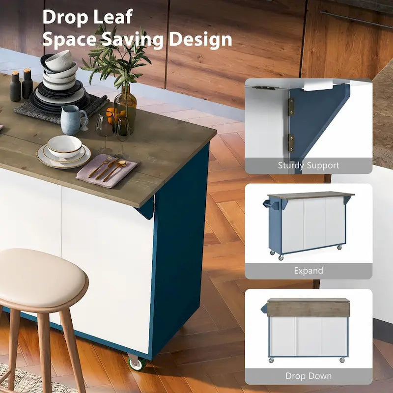 47" Retro Wood Kitchen Island with Drop Leaf on Wheels, Internal Storage