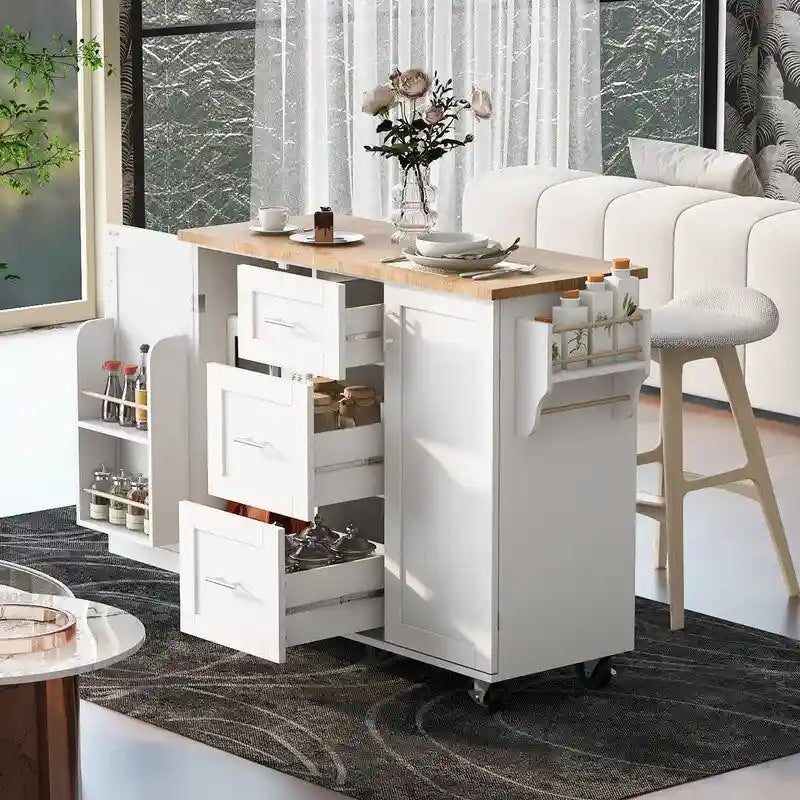 Rolling Kitchen Island Cart with Storage, 2 Slide-Out Shelves and Internal Storage Rack