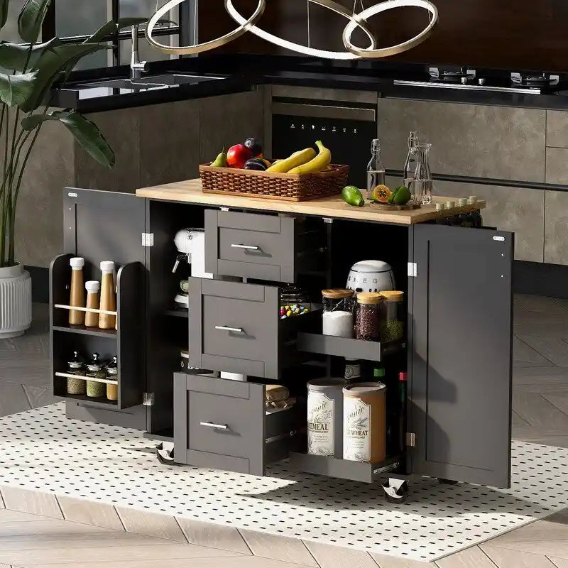 Rolling Kitchen Island Cart with Storage, 2 Slide-Out Shelves and Internal Storage Rack