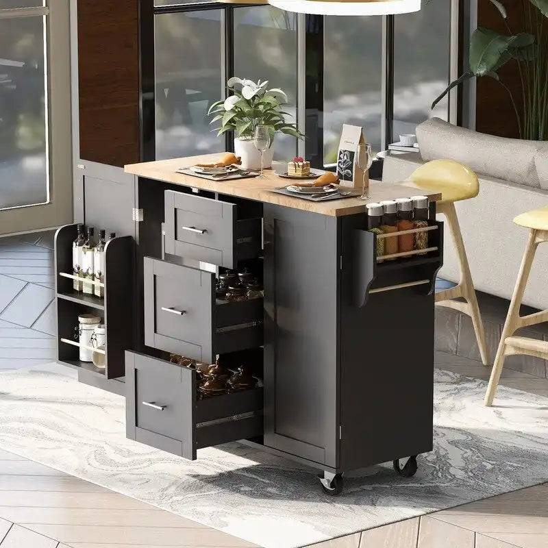 Rolling Kitchen Island Cart with Storage, 2 Slide-Out Shelves and Internal Storage Rack