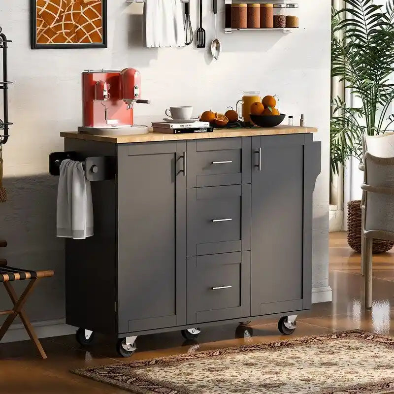 Rolling Kitchen Island Cart with Storage, 2 Slide-Out Shelves and Internal Storage Rack