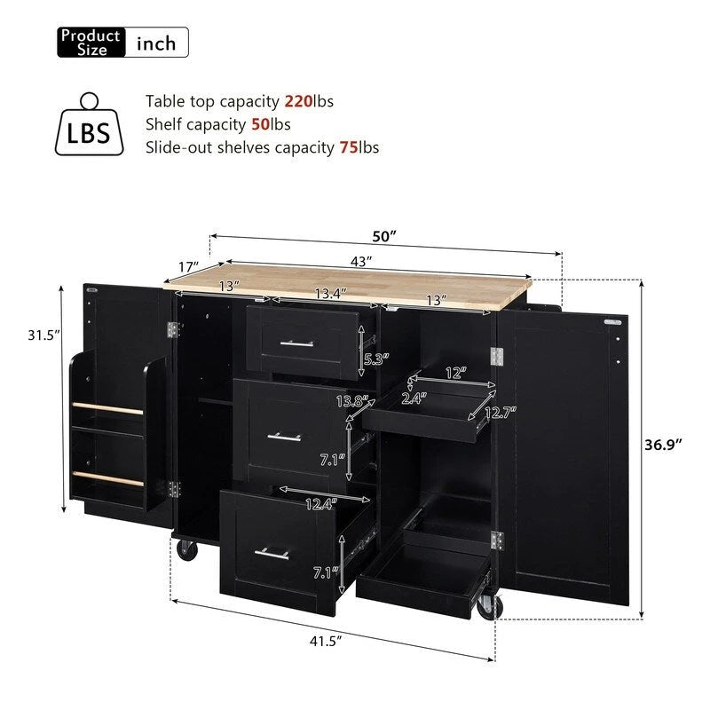 Rolling Kitchen Island Cart with Storage, 2 Slide-Out Shelves and Internal Storage Rack