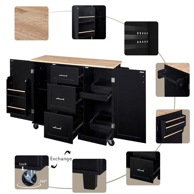 Rolling Kitchen Island Cart with Storage, 2 Slide-Out Shelves and Internal Storage Rack