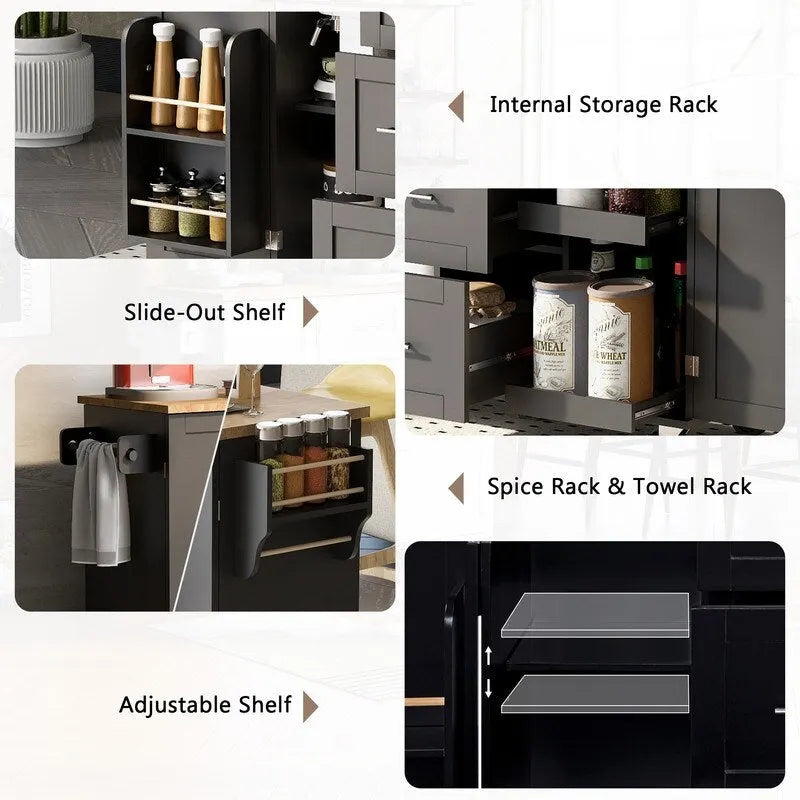 Rolling Kitchen Island Cart with Storage, 2 Slide-Out Shelves and Internal Storage Rack