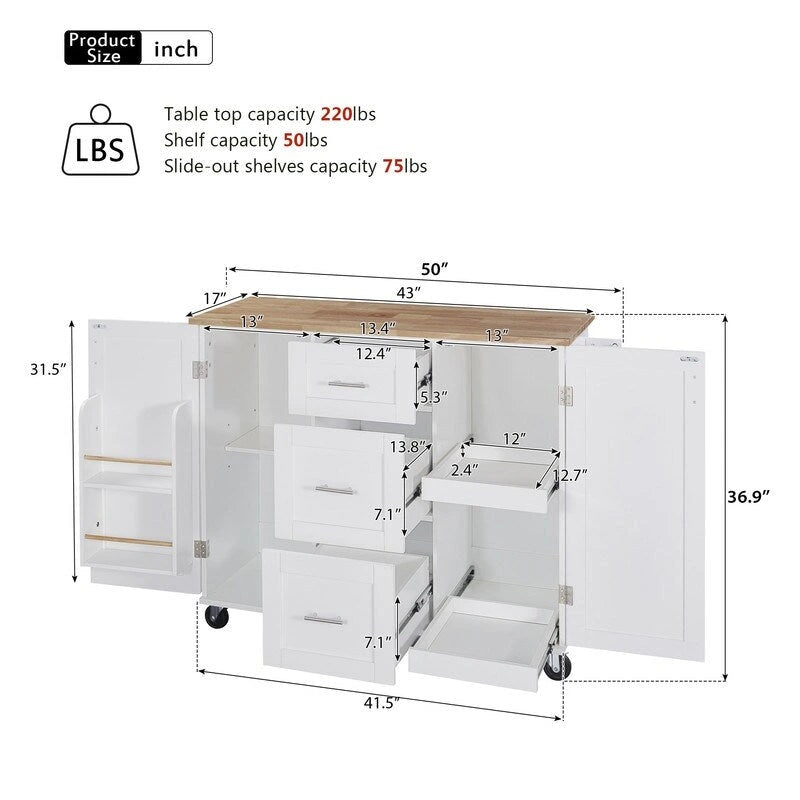 Rolling Kitchen Island Cart with Storage, 2 Slide-Out Shelves and Internal Storage Rack